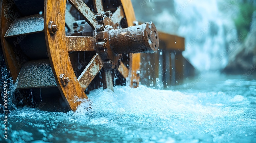 Poster close up view of a large wooden water wheel turning rapidly in a fast moving river capturing the pow