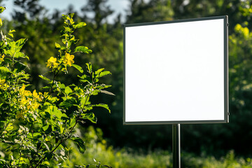 Empty white horizontal billboard mockup by a quiet country roadside, overcast sky and fields stretching out, white horizontal billboard  mockup  roadside, rural solitude ad