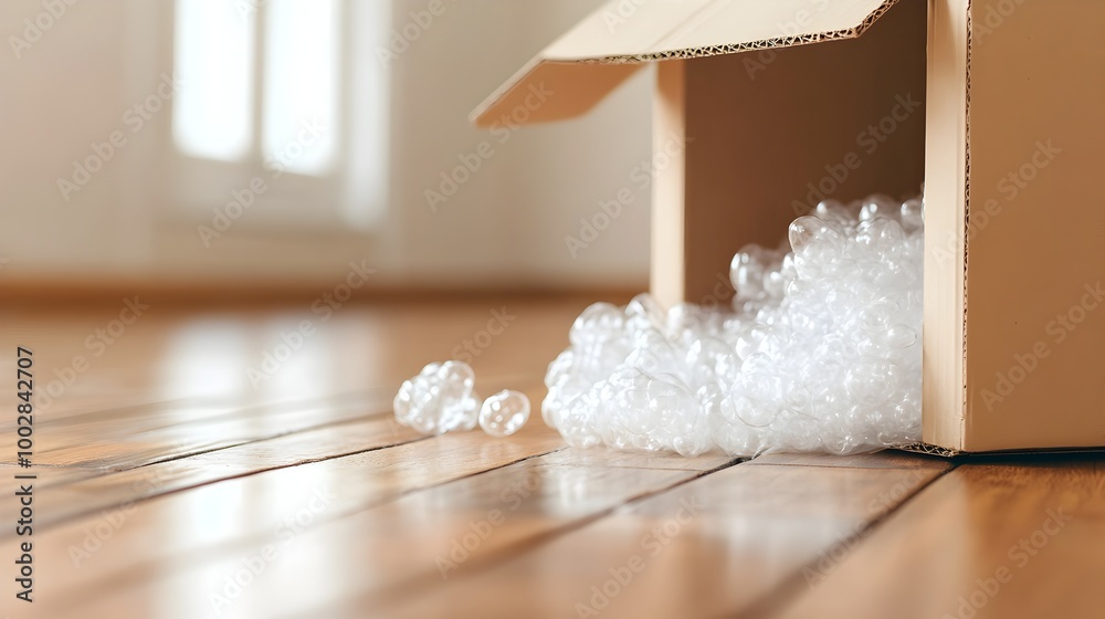 Poster close up view of a partially open cardboard moving box with bubble wrap and packing paper spilling o