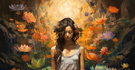 A serene young woman surrounded by vibrant lotus flowers in a mystical setting, embodying tranquility and beauty.
