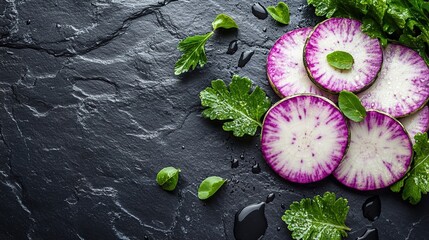 Freshly Sliced Purple Turnips on a Rustic Surface