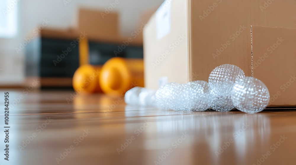 Poster Close up view of a partially open moving box on a hardwood floor with bubble wrap and packing paper spilling out showcasing the supplies and materials used for relocation and home organization