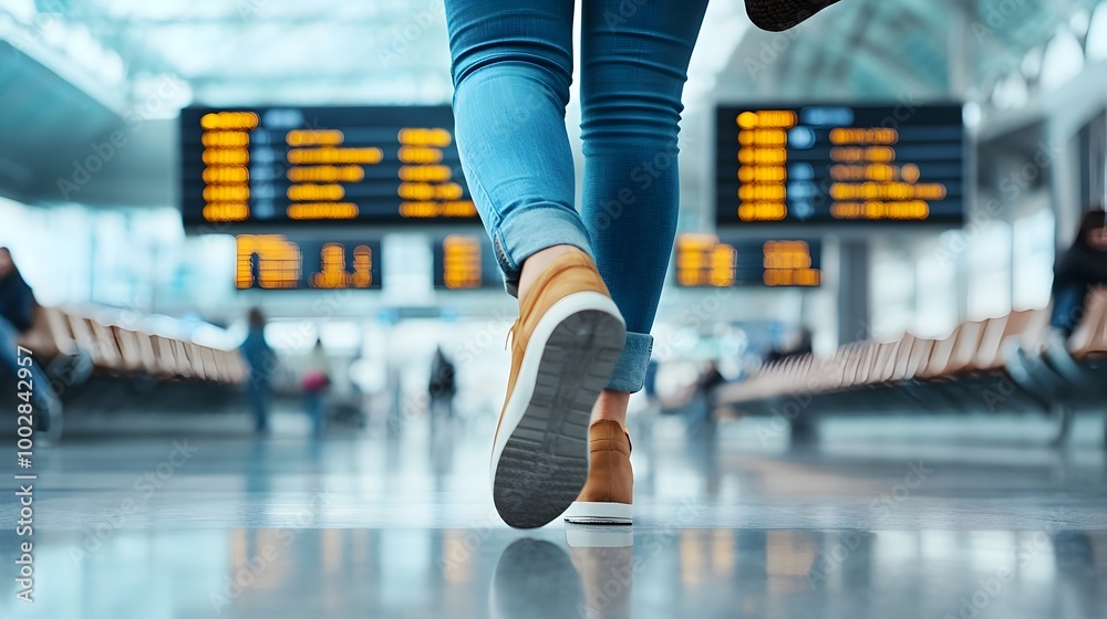 Poster close up view of a woman confidently walking through a bright and spacious airport terminal with tra