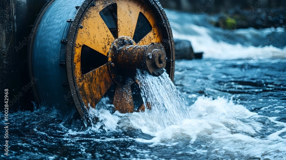 Poster close up view of a traditional water wheel turning in a fast flowing river generating clean renewabl