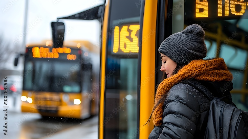 Poster close up view of a woman partially turning her face as she boards a bus with the station s schedule 