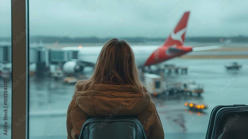 Poster close up view of a woman waiting patiently at the airport gate the runway and parked planes clearly 