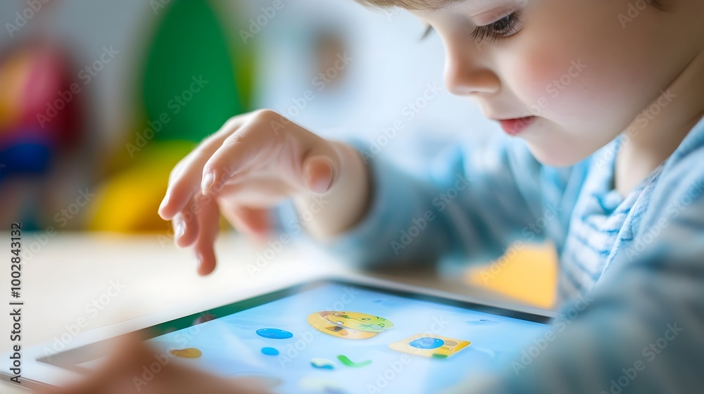 Poster Close up view of a young child s hand interacting with a touchscreen display showing an educational application designed specifically for children with autism spectrum disorder