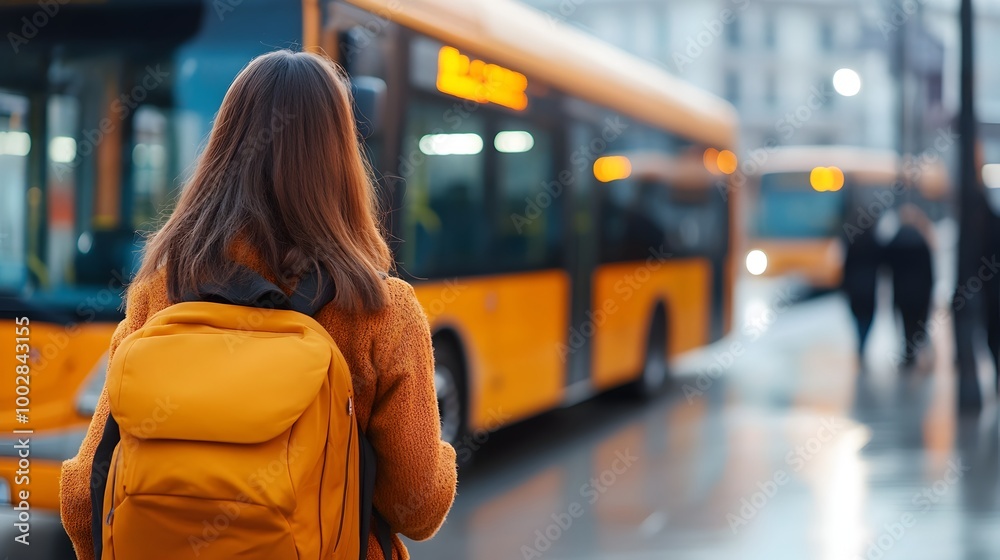 Poster Close up view of a woman s back as she walks toward a bus at the bustling station with multiple buses lined up and passengers boarding in the background