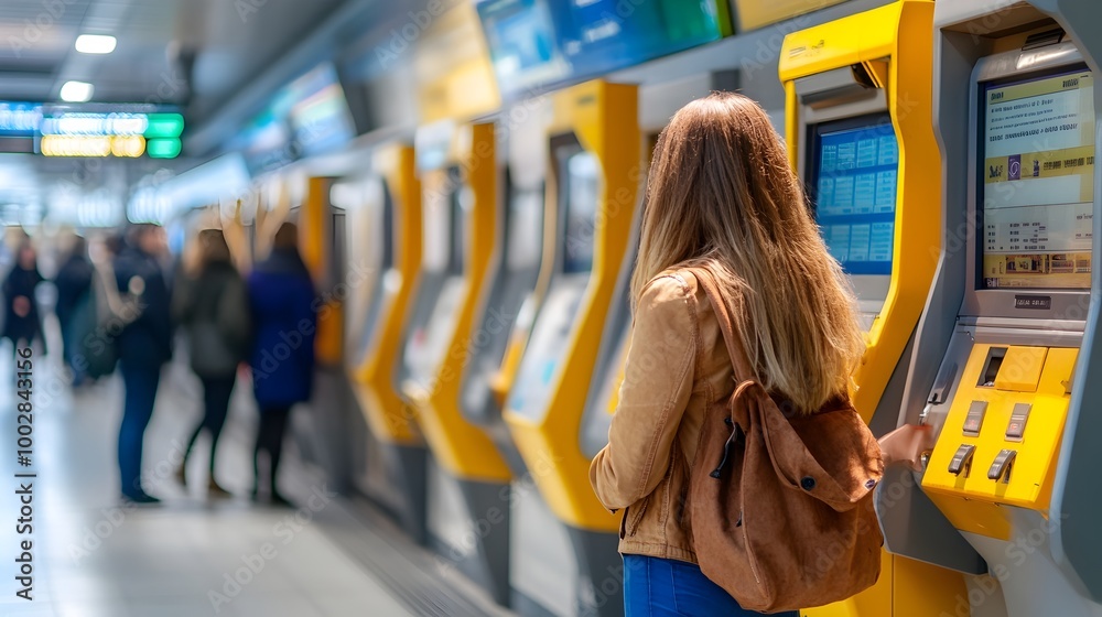 Aufkleber Close up view of a woman standing at a ticket kiosk in a busy train station with rows of ticket machines and passengers queuing in the background  The scene features a clean