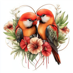 Lovebirds Inside a Heart-Shaped Wreath of Flowers
