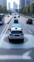 Autonomous car on road with advanced technology and sensors