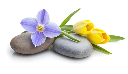 Spring Flowers and Smooth Stones Arrangement on White Background