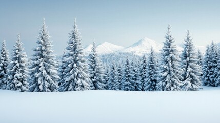 Fototapeta premium Snow-covered trees with mountains in the background under a clear blue sky.