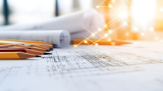 Detailed architectural blueprint with pencils and drafting tools on table.