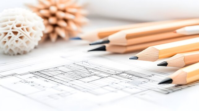 Intricate architectural blueprint with drafting tools and pencils.