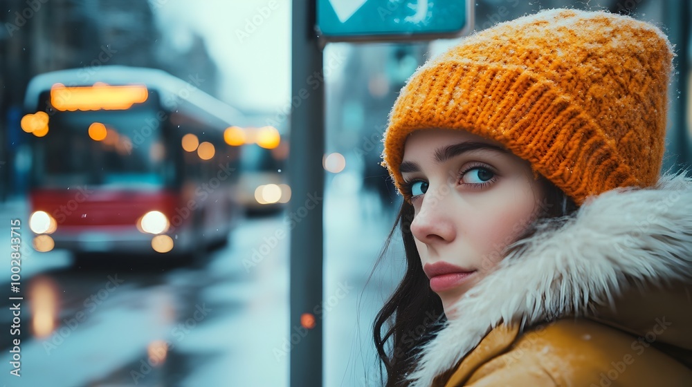 Aufkleber closeup of a woman s face in profile standing near a bus stop sign with blurred buses and passengers