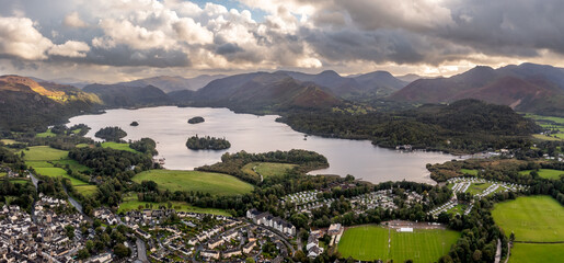 Aerial view of the lake District town of Keswick and Derwentwater lake