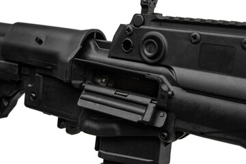 Close-up of the rifle's bolt. Modern carbine of the bullpup system. Weapons for police, army and...