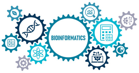 Bioinformatics concept banner web website icons vector illustration with icons of biology, computer science, information engineering, mathematics, statistics, calculator, on white background, solid