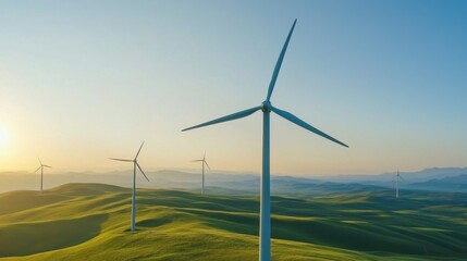 Wind turbines on green hills, illuminated by a bright sunrise, blue sky.