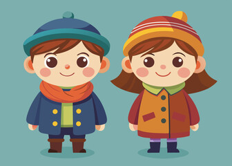Cute Boy and Girl in hats and coats