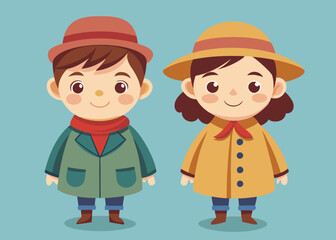 Cute Boy and Girl in hats and coats