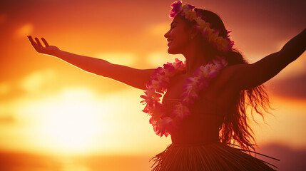 Hawaiian hula dancer in traditional grass skirt and flower lei, joyfully dancing at sunset with vibrant orange sky and flowers in her hair, celebrating island culture.