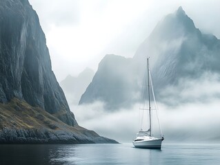 Tranquil Sailboat on Misty Mountain Lake