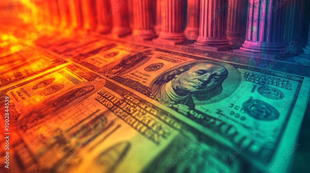 Poster A colorful image of a stack of US dollars with a rainbow background