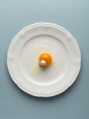 Still life with raw egg and a gold ring on a white plate on pastel blue background. Minimal and creative jewelry photography concept