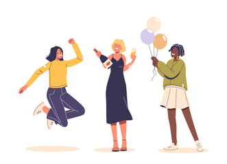 Obraz premium Group Of Friends Joyfully Celebrating Special Occasion With Lively Expressions And Balloons. One Person Holding A Bottle