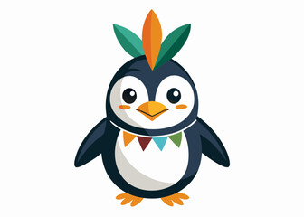 Cartoon tribal Penguin with feathers on a white backgroun