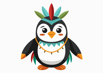 Cartoon tribal Penguin with feathers on a white backgroun