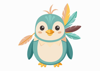 Cartoon tribal Penguin with feathers on a white backgroun