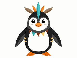 Cartoon tribal Penguin with feathers on a white backgroun