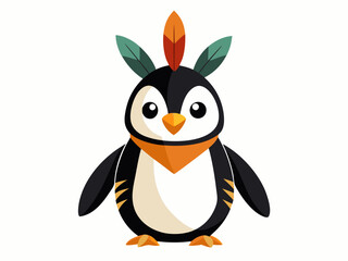 Cartoon tribal Penguin with feathers on a white backgroun