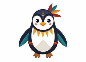 Cartoon tribal Penguin with feathers on a white backgroun