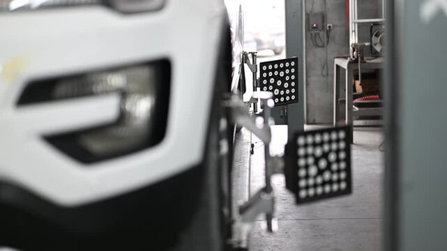 Close-up shot of a car wheel alignment being adjusted in a professional auto repair shop.