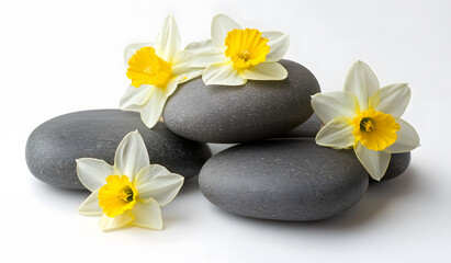 Spring Flowers and Smooth Stones Arrangement on White Background