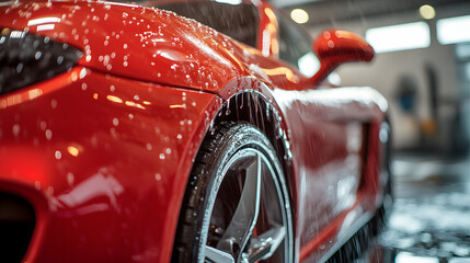 shiny red sports car with water cascading over it during a wash