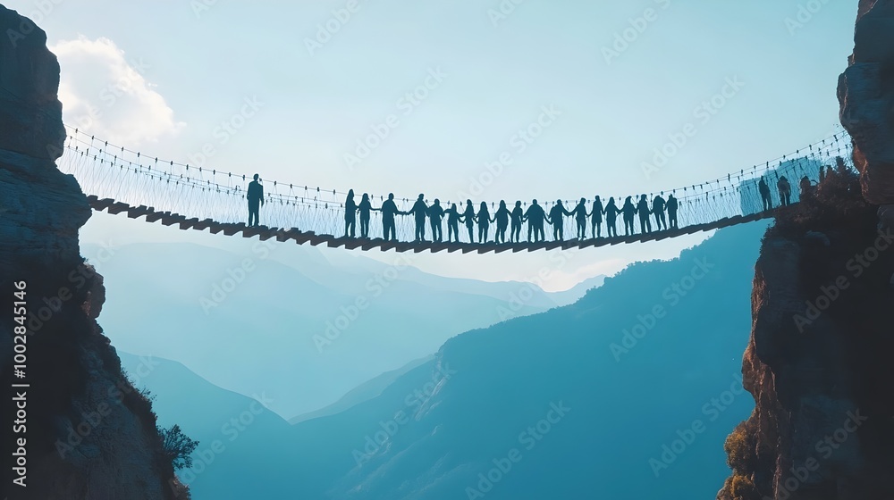 Aufkleber Conceptual of a bridge made of interconnected human hands crossing over a canyon and symbolizing the power of partnership and teamwork in achieving success