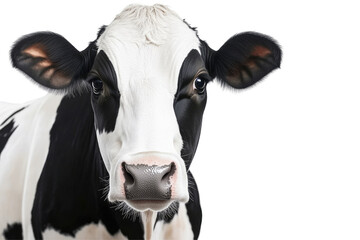 Gentle grazing dairy cow in a lush green pasture, serene countryside setting, vibrant wildflowers, clear blue sky, peaceful rural scene