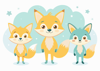 Set of four adorable cartoon foxes