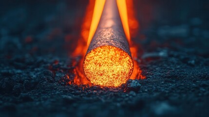 Metal rod glowing as it's heated in a forge, thermodynamics, thermal expansion of metals concept