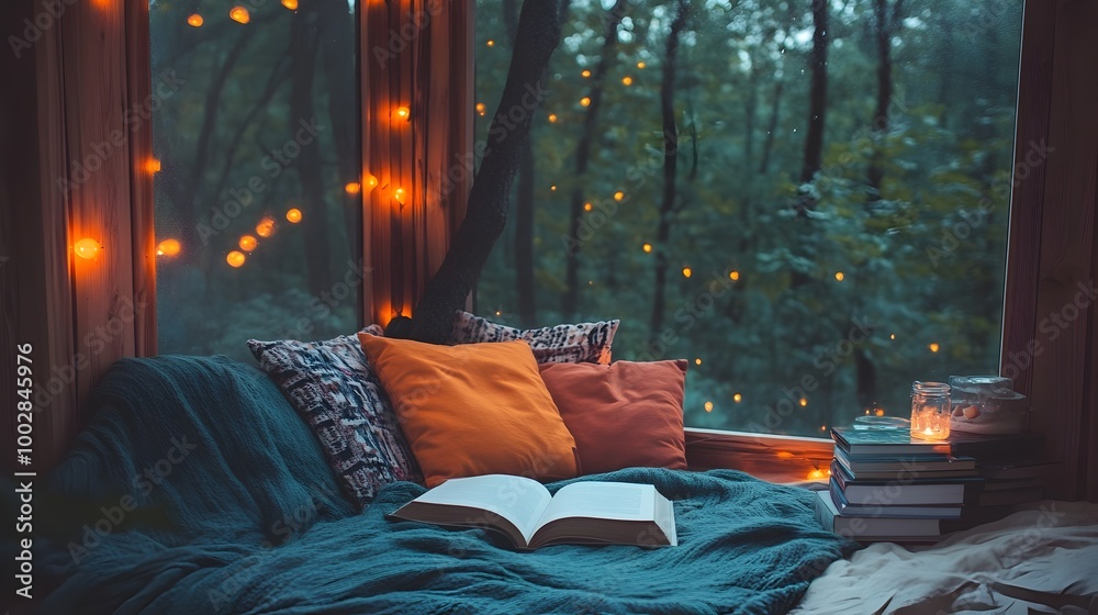 Poster Cozy and Inviting Reading Nook Filled with Books Soft Pillows and a Weighted Blanket Creating a Serene and Calming Atmosphere for Relaxation and Unwinding
