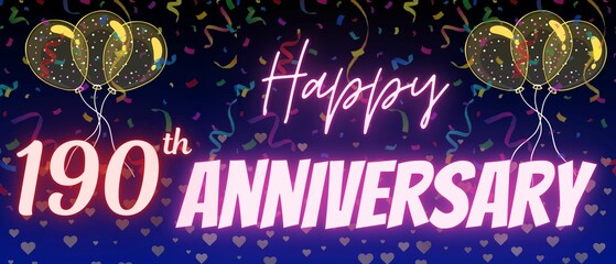 190th anniversary neon calligraphy text and number. Confetti and balloon isolated on elegant blue gradient background, sparkle, design for greeting card, print. one hundred ninety