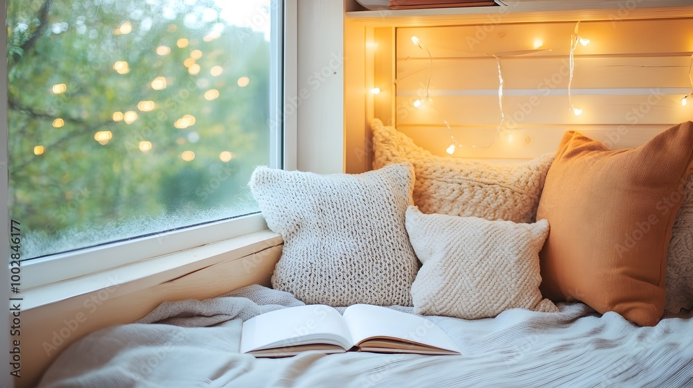 Poster cozy and inviting reading nook filled with soft pillows cozy weighted blanket and surrounding books 