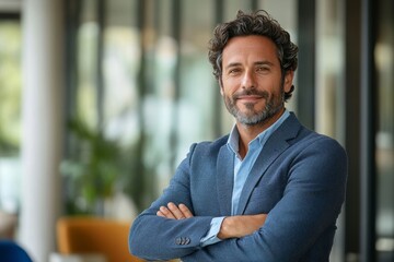 Portrait of successful businessman standing with arms crossed standing in front of modern office, Generative AI