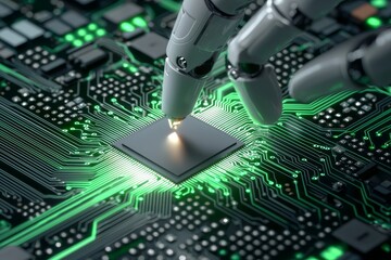 Fototapeta premium Advanced robotic assembler placing a microchip onto a glowing circuit board, reflecting the fusion of technology, robotics, and the future of electronics production