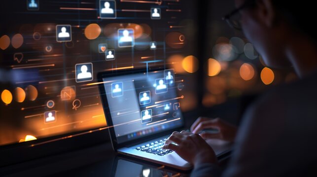 Person sitting alone in dimly lit room using laptop, concerned about social media privacy with thoughtful expression. Focus on digital security and online presence.